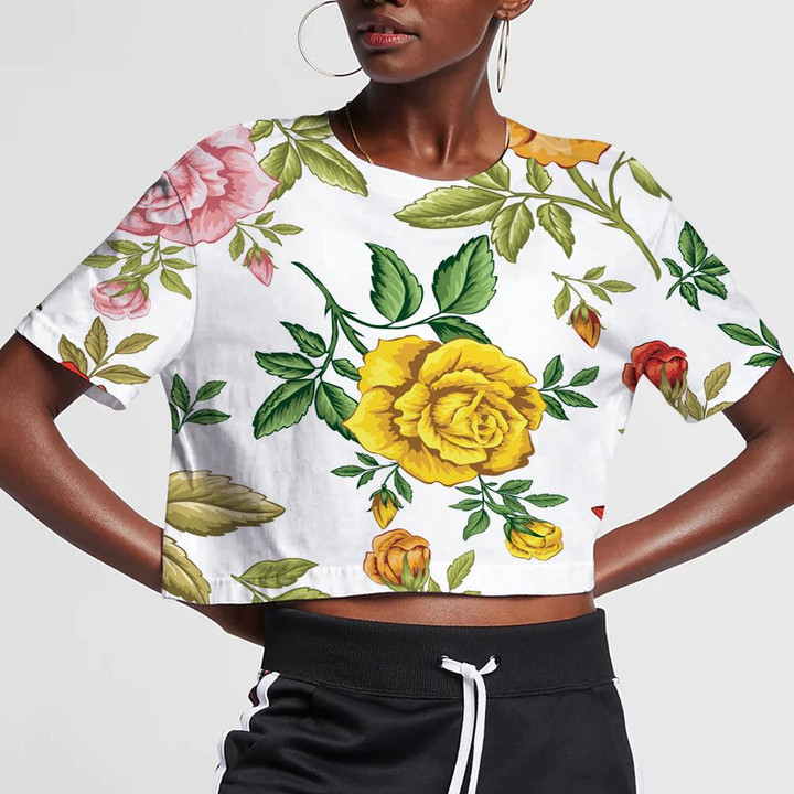Colorful Roses Branch Art Pattern On White Background 3D Women's Crop Top