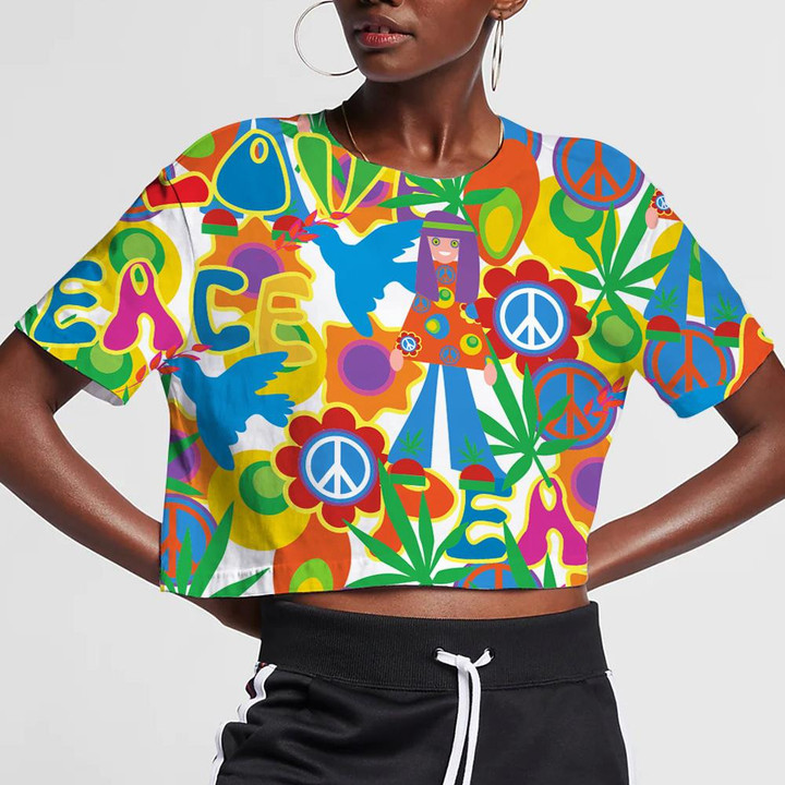 Colorful Pattern With Hippie Girl With Peace And Love Text 3D Women's Crop Top
