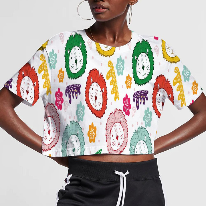 Colorful Lion Face With Flower On White Background 3D Women's Crop Top