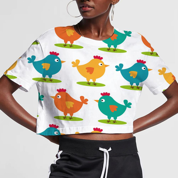 Colorful Funny Chicken Sitting In Green Cricle 3D Women's Crop Top