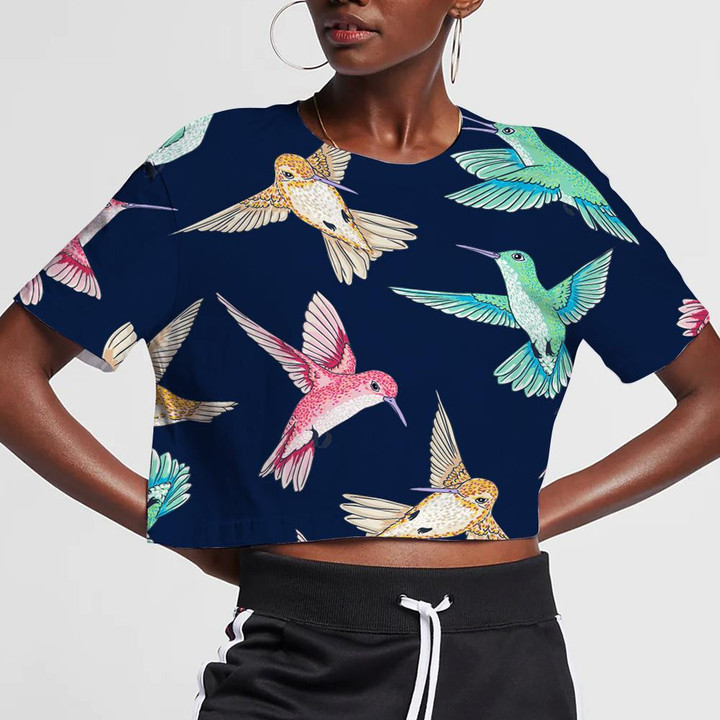 Colorful Flying Birds On Dark Blue Background 3D Women's Crop Top