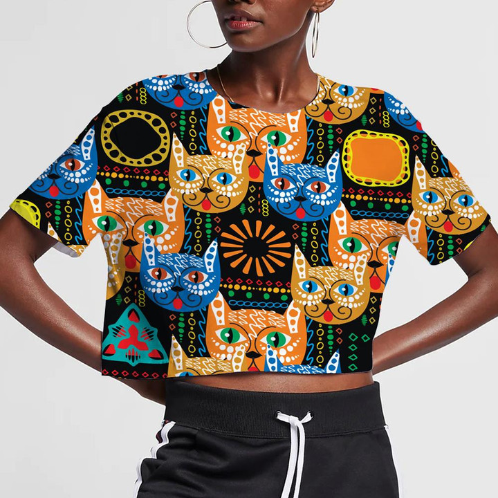 Colorful Ethnic Style Cats Geometric Ornamental 3D Women's Crop Top