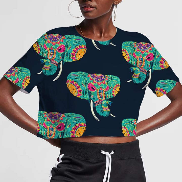 Colorful Elephant Head With Indian Ethnic Style 3D Women's Crop Top