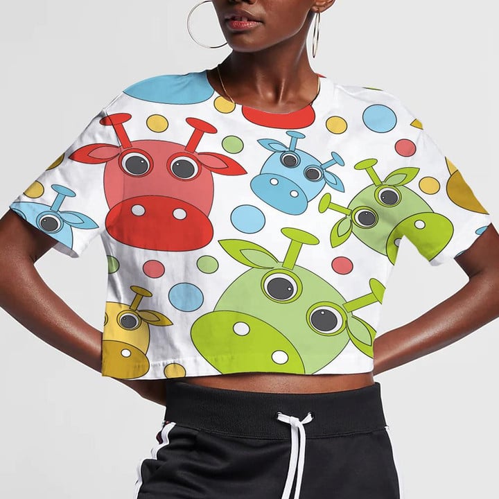 Colorful Cute Cow On White Doodle Style 3D Women's Crop Top