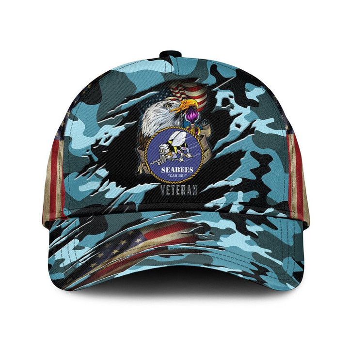 Bald Eagle With Flag Wings And Baby Blue Camo Pattern Printed Baseball Cap Hat