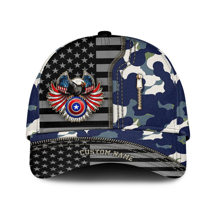 Custom Name American Eagle Flag Wings Zipper And Texture Camo Pattern Printed Baseball Cap Hat