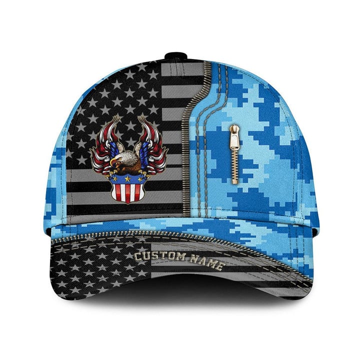 Custom Name Flag Eagle With Crest And Blue Digital Camo Pattern Printed Baseball Cap Hat