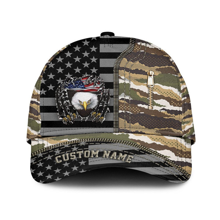 Custom Name Mascot Eagle Breaking USA Flag And Brown Camo Pattern Printed Baseball Cap Hat