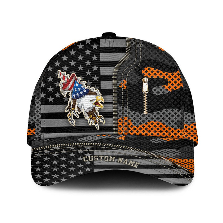 Custom Name Mascot Of Eagle Breaking Fabric And Orange Camo Pattern Printed Baseball Cap Hat