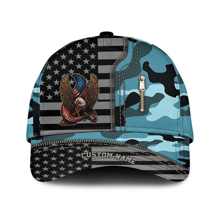 Custom Name USA Flag Bald Eagle Cool And Baby Blue Camo Pattern Printed Baseball Cap Hat