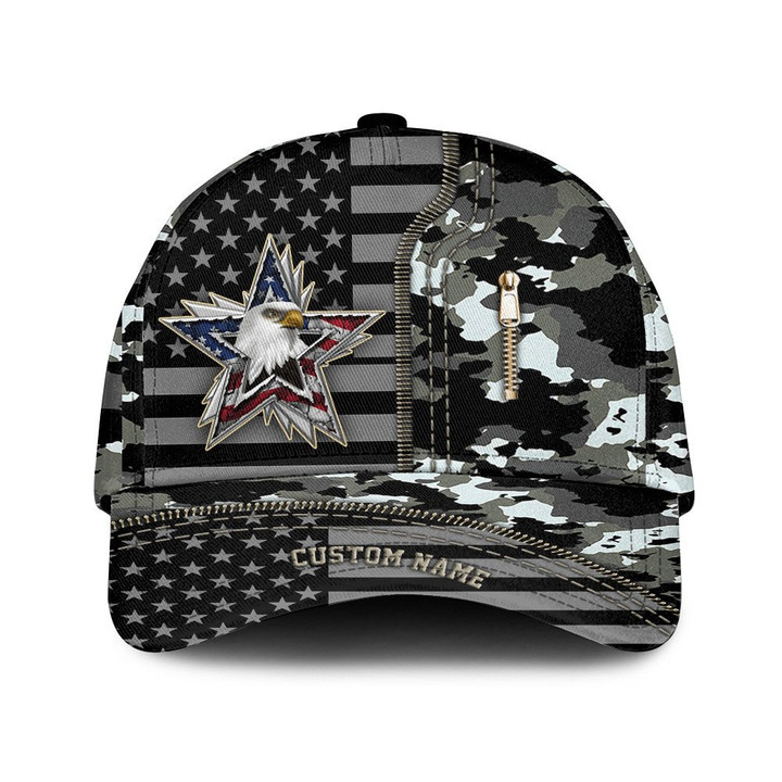 Custom Name Eagle USA Flag Zipper And Army Camo Pattern Printed Baseball Cap Hat