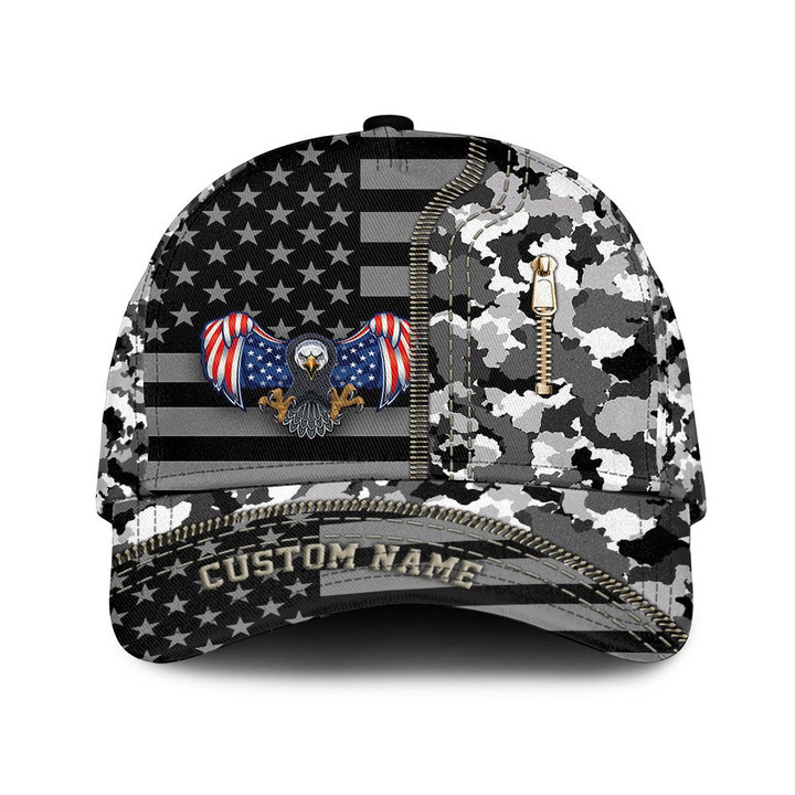 Custom Name American Eagle Zipper And Army Camo Pattern Printed Baseball Cap Hat