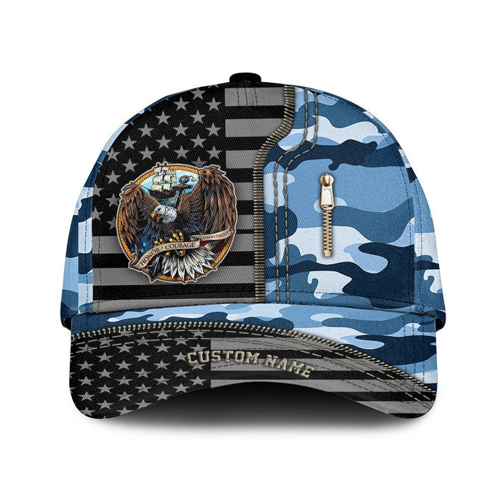 Custom Name Honor Courage Commitment Zipper And Blue White Camo Pattern Printed Baseball Cap Hat
