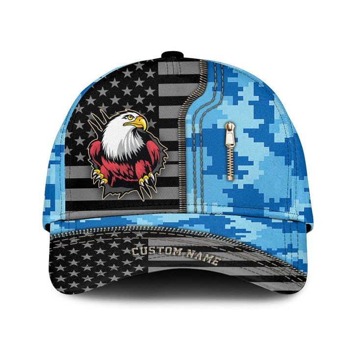 
Custom Name Breaking Fabric Zipper And Blue Digital Camo Pattern Printed Baseball Cap Hat