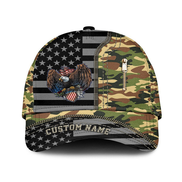 Custom Name Bald American Flag Design And Woodland Camo Pattern Printed Baseball Cap Hat