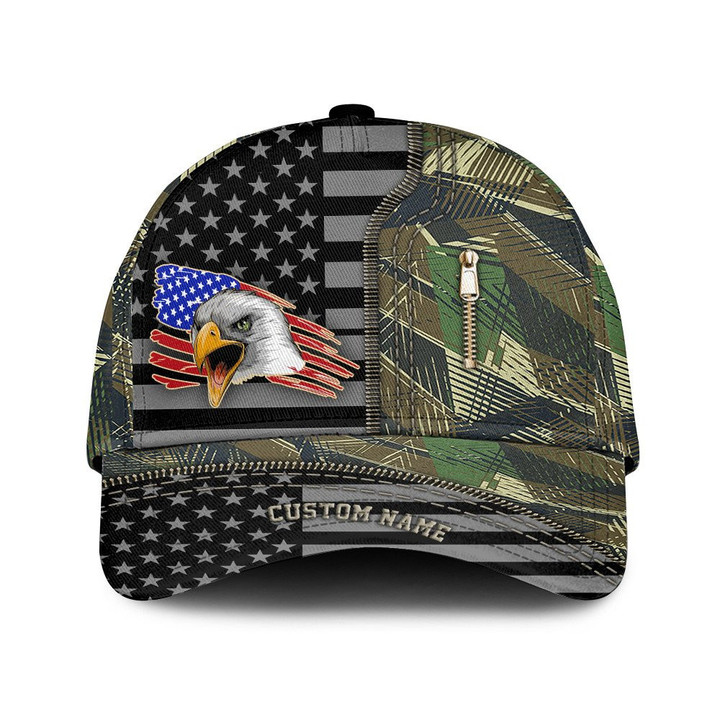 Custom Name Eagle American Flag And Camo Pattern Vintage Printed Baseball Cap Hat