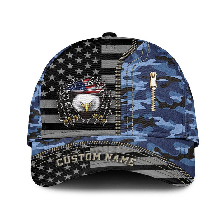 Custom Name Mascot Eagle Breaking USA Flag And Dark Blue Camo Pattern Printed Baseball Cap Hat