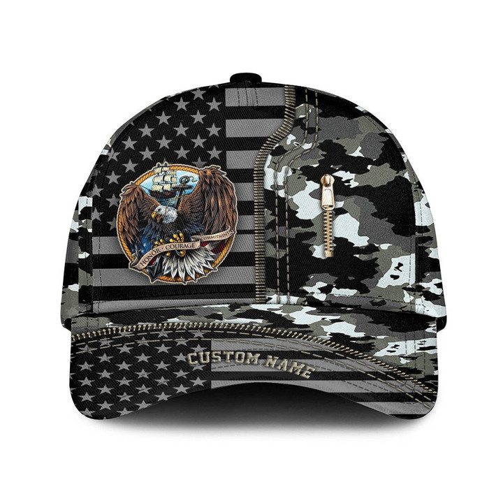Custom Name Honor Courage Commitment Zipper And Hunting Camo Pattern Printed Baseball Cap Hat