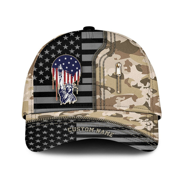Custom Name Liberty American Flag And Classic Camo Pattern Printed Baseball Cap Hat