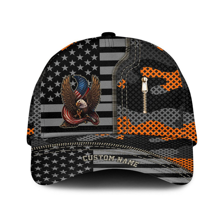 Custom Name USA Flag Bald Eagle Cool And Orange Camo Pattern Printed Baseball Cap Hat