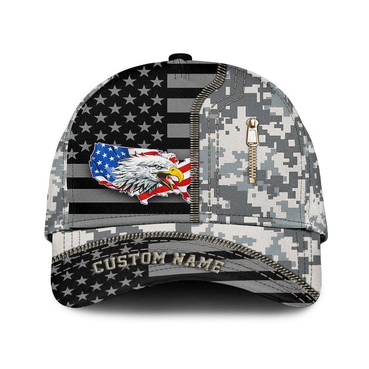 Custom Name American Flag And Eagle Zipper And Digital Camo Pattern Printed Baseball Cap Hat