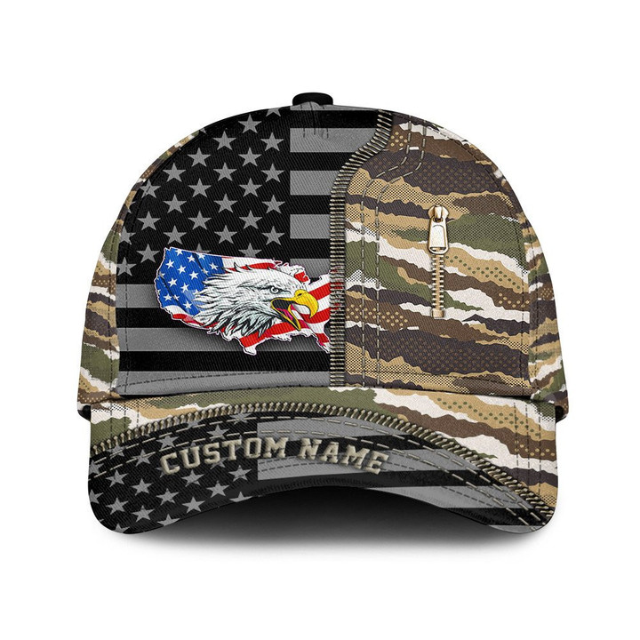 Custom Name American Flag And Eagle Zipper And Brown Camo Pattern Printed Baseball Cap Hat