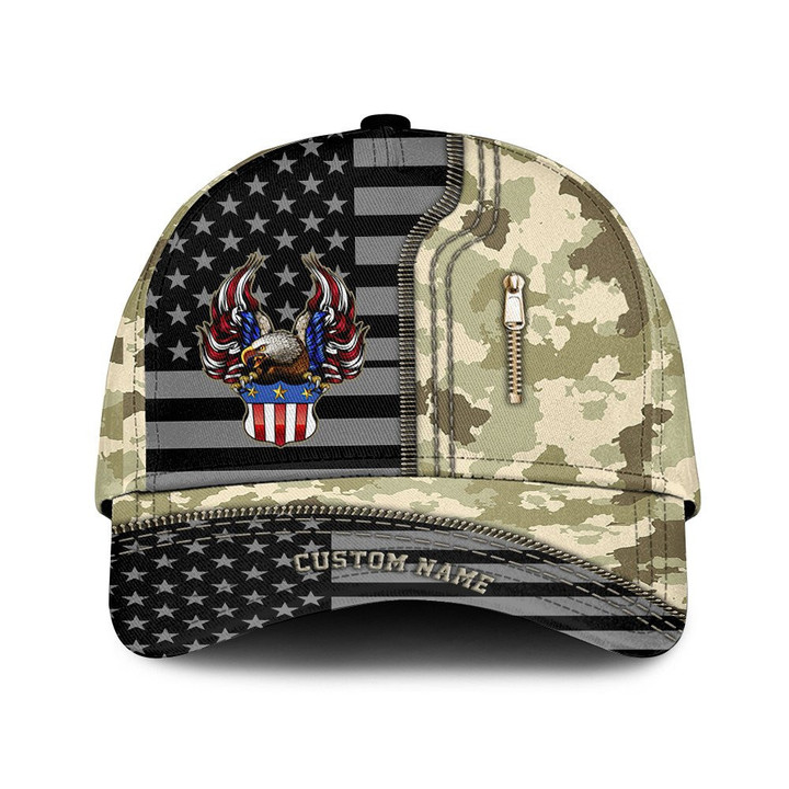 Custom Name Flag Eagle With Crest And Green Camo Pattern Printed Baseball Cap Hat