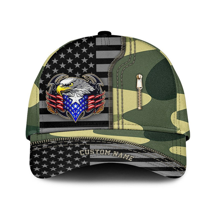 Custom Name Eagle American Flag Royalty And Texture Camo Pattern Printed Baseball Cap Hat