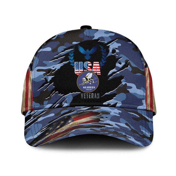 USA Word Flag And Dark Blue Camo Pattern Printed Baseball Cap Hat