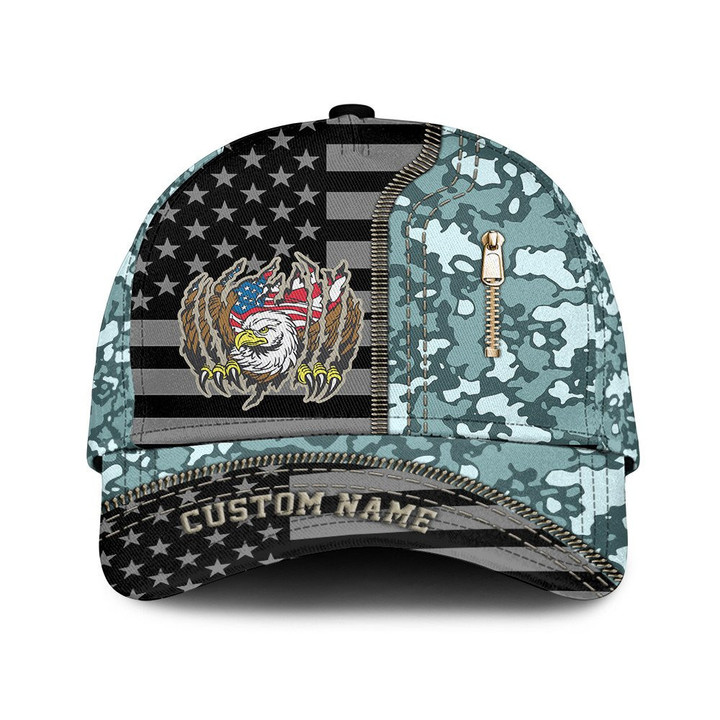 Custom Name American Flag Eagle Breakthrough And Shape Camo Pattern Printed Baseball Cap Hat