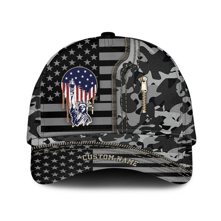 Custom Name Liberty American Flag And Military Camo Pattern Printed Baseball Cap Hat