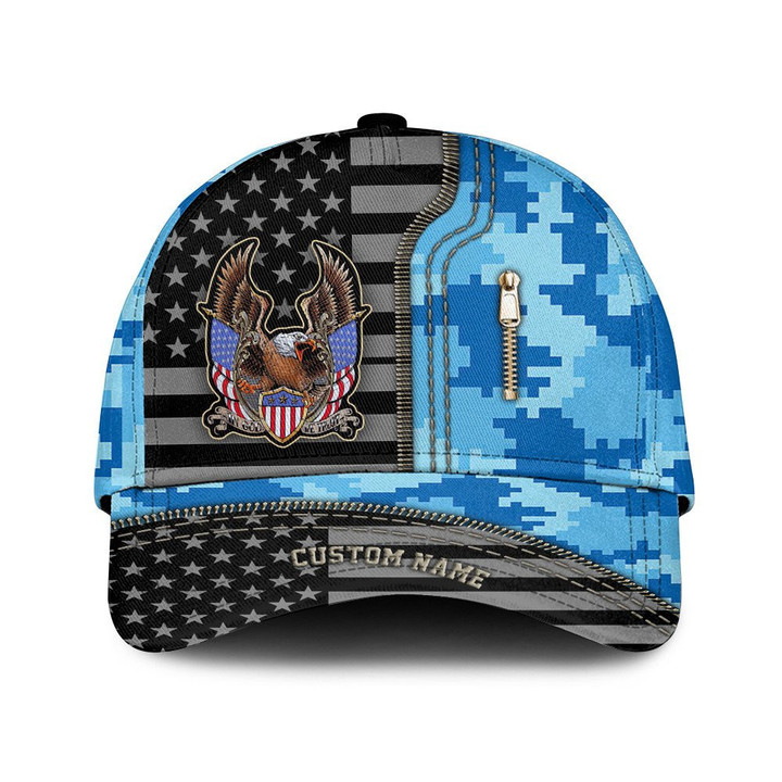 
Custom Name In God We Trust Zipper And Blue Digital Camo Pattern Printed Baseball Cap Hat