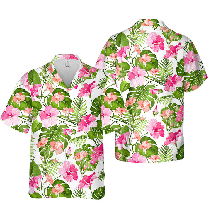 Pink Chinese Hibiscus Monstera Leaf 3D Hawaiian Shirt