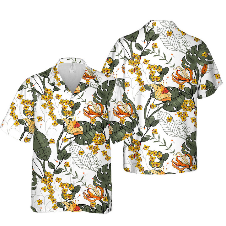 Tropical Flowers Jungle Leaves White Background 3D Hawaiian Shirt