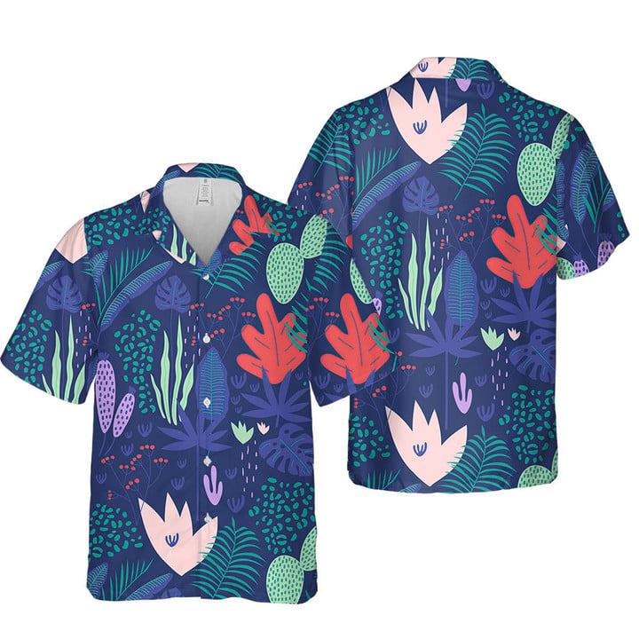 Tropical Leaves And Flowers Hand Drawing Style Blue 3D Hawaiian Shirt