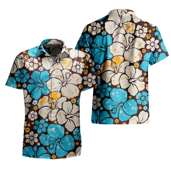 Blue And Beige Hawaiian Hibiscus Flower All Over Print 3D Hawaiian Shirt