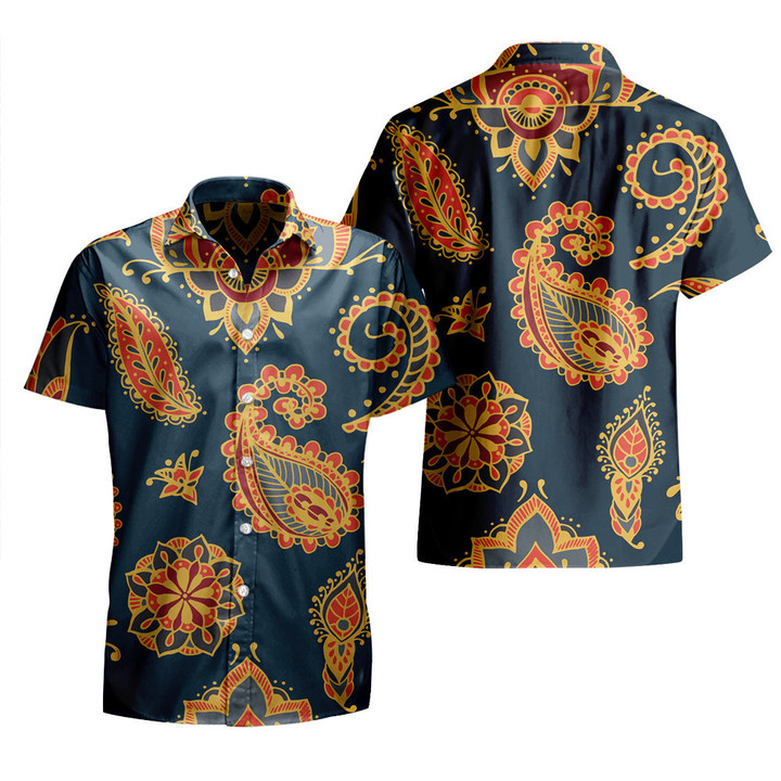 Orange Paisley Flower Pattern Navy Theme All Over Print 3D Hawaiian Shirt