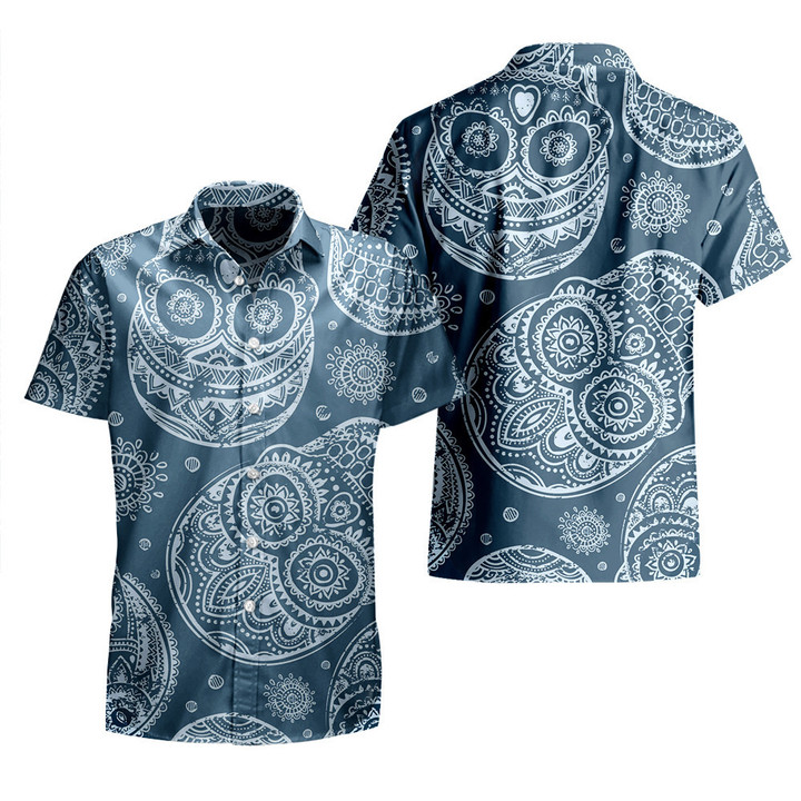 White Stylized Scary Skull Big Pattern Blue Theme All Over Print 3D Hawaiian Shirt