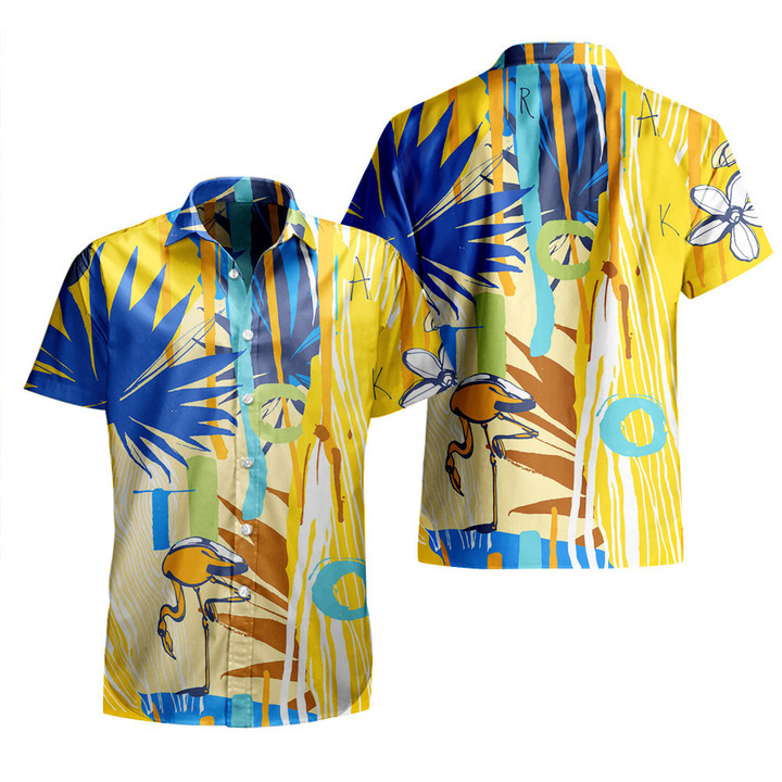 Plumeria Flower And Flamingo Animal Yellow Theme All Over Print 3D Hawaiian Shirt