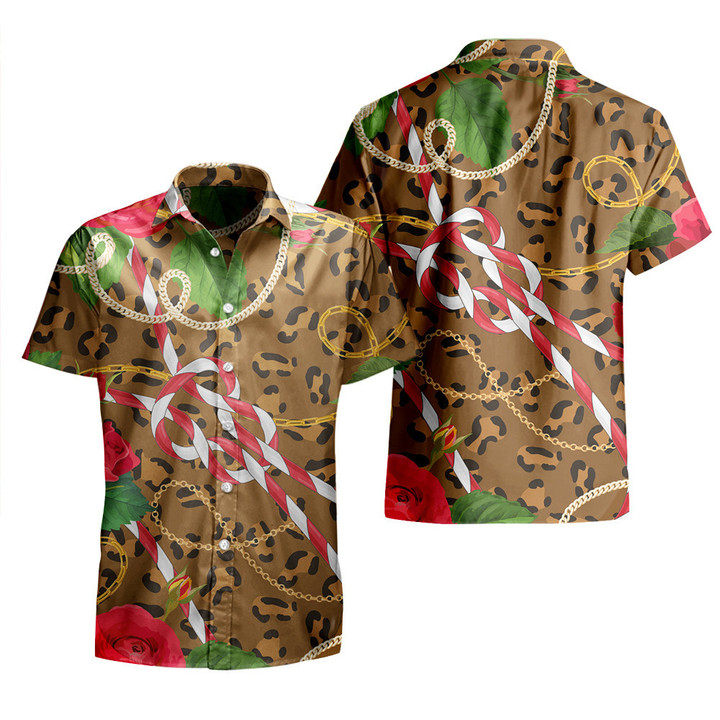 Red Roses Flower Over Ball Chain Brown Leopard Skin Theme All Over Print 3D Hawaiian Shirt