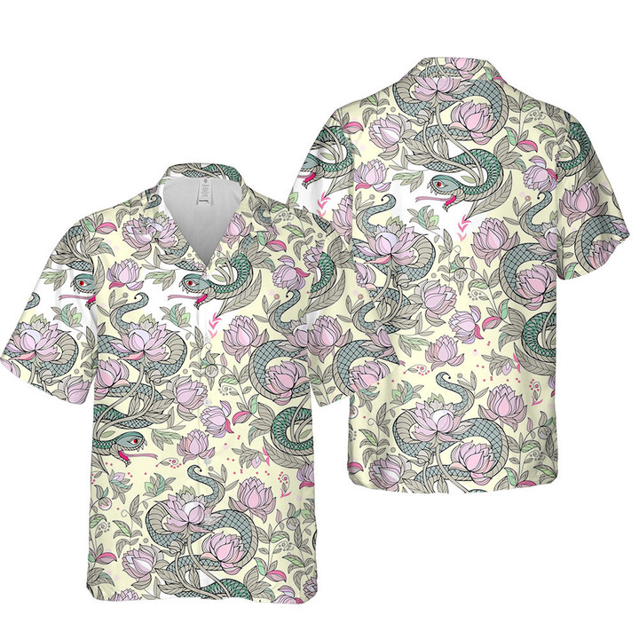 Water Snake And Pink Lotus Yellow Theme All Over Print 3D Hawaiian Shirt