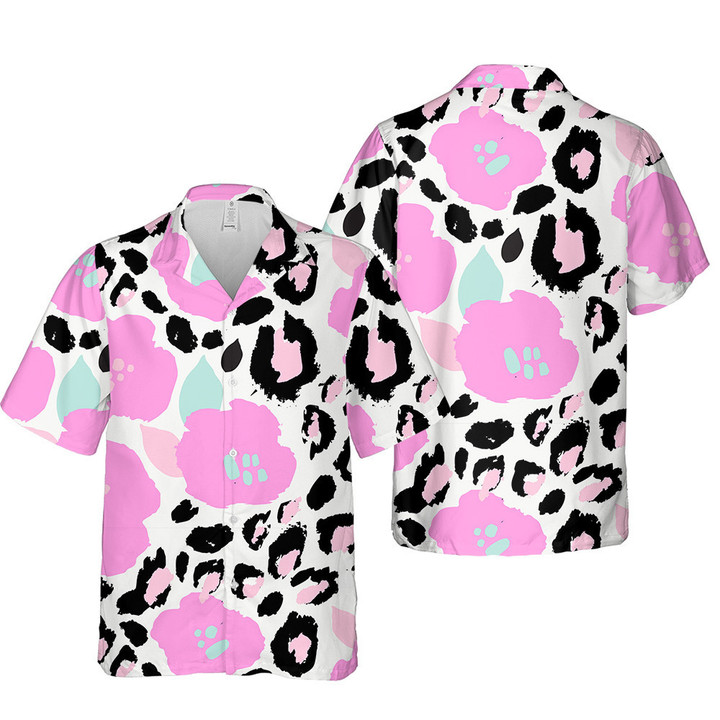 Pinky Hawaiian Hibiscus Flower And Leopard Skin Texture All Over Print 3D Hawaiian Shirt