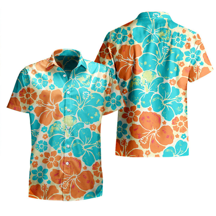 Blue And Orange Hawaiian Hibiscus Flower All Over Print 3D Hawaiian Shirt