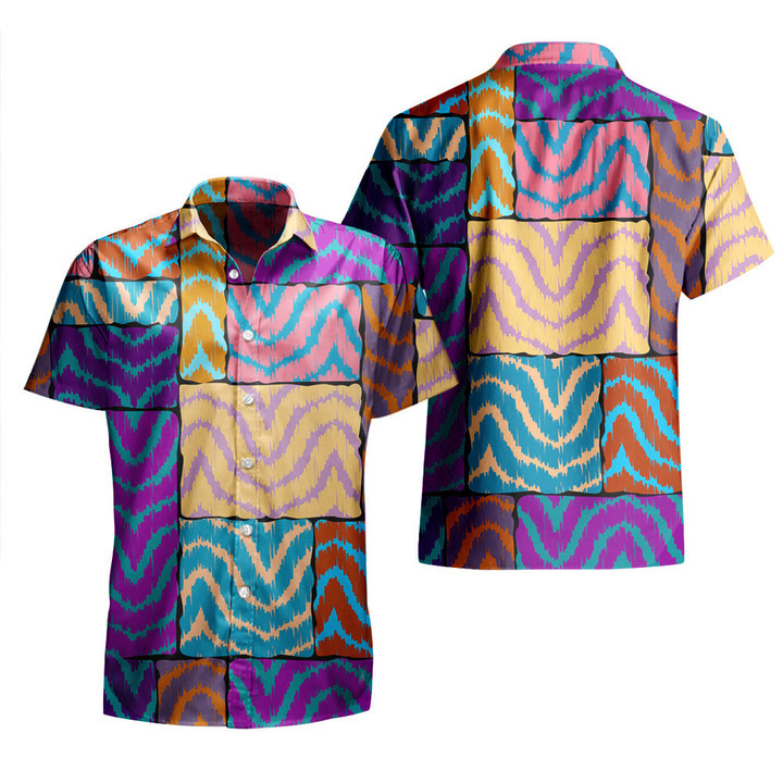 Colorful Wavy Line Rectangle Patch Up Pattern All Over Print 3D Hawaiian Shirt