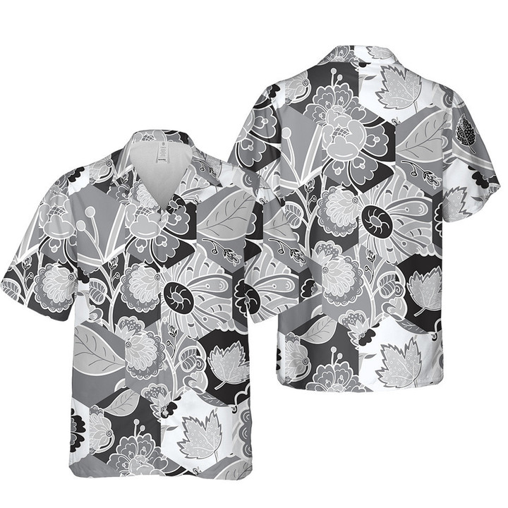 Grey Tone Flowers And Leaf Simulations All Over Print 3D Hawaiian Shirt