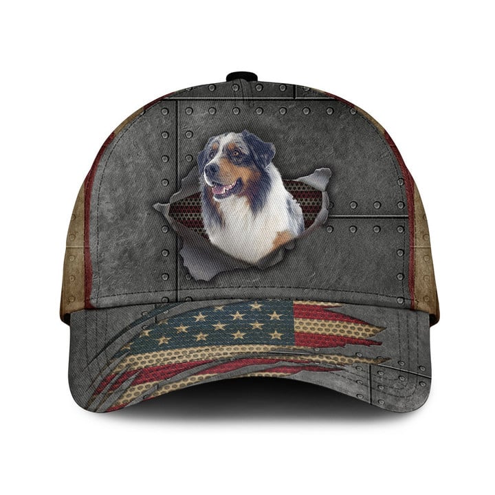 Australian Shepherd Dog Lovers American Flag Pattern Grey Theme Baseball Cap Hat