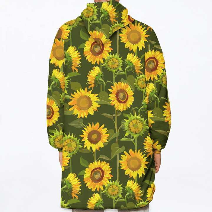 Large Field Of Sunflowers On Dark Green Background Unisex Sherpa Fleece Hoodie Blanket