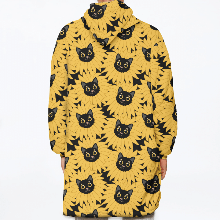 Baby Black Cat Sunflowers Cartoon Pattern Unisex Sherpa Fleece Hoodie Blanket