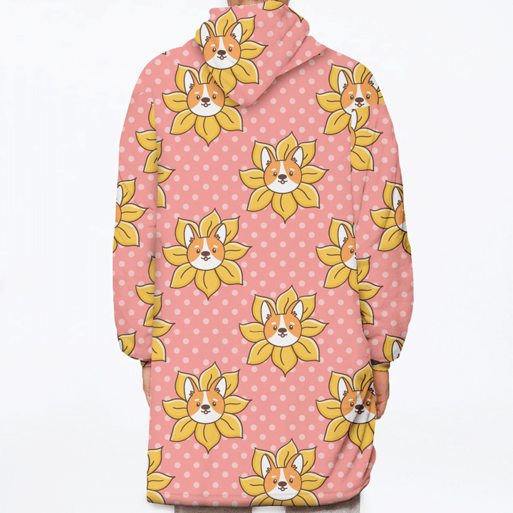 Lovely Corgi Dog Peeks Out Of A Sunflower On Pink Dots Background Unisex Sherpa Fleece Hoodie Blanket