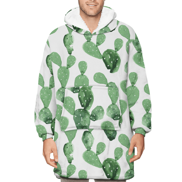 Watercolor Green Opuntia Cactus Plant On White Background Unisex Sherpa Fleece Hoodie Blanket